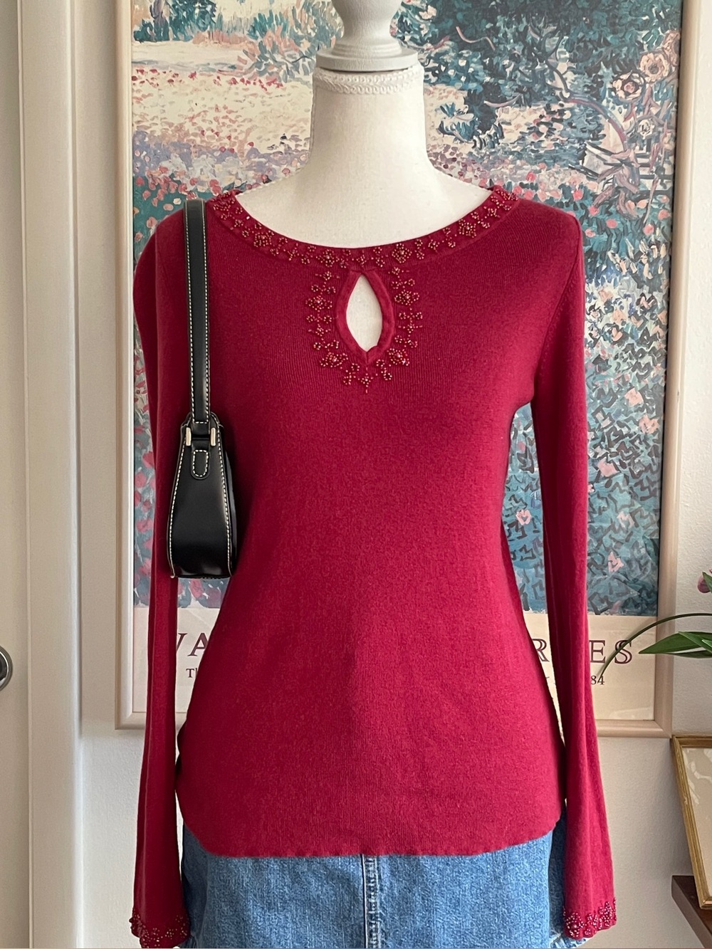 Emma James Red Beaded Keyhole Sweater Womens Small Dark Feminine Coquette Y2K